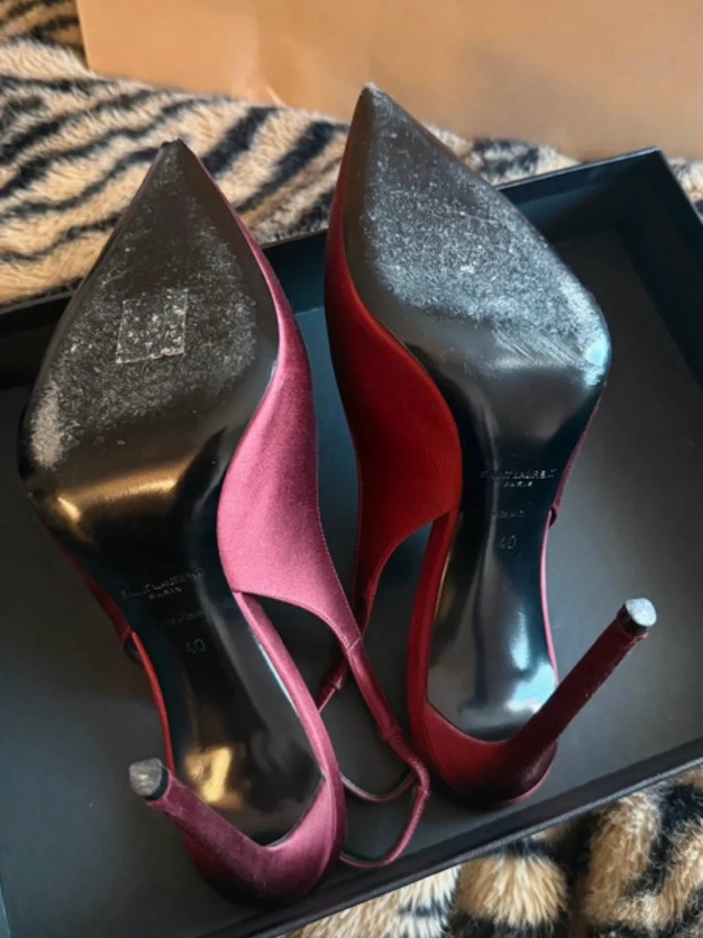 Saint Laurent Burgundy Satin Pointed Slingback Heels - Picture 3 of 8